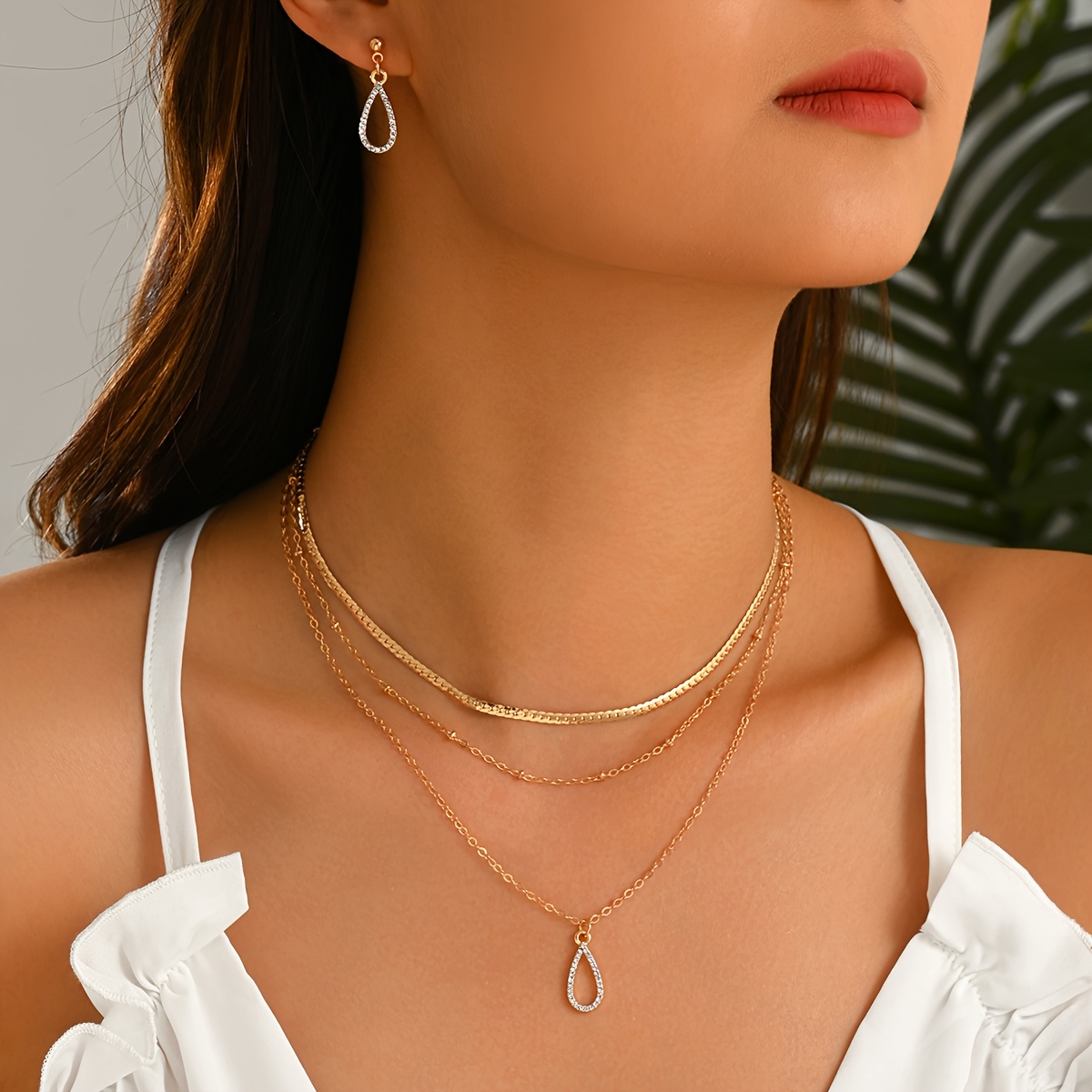5pcs Elegant Golden Rhinestone Teardrop Necklace Earrings Set